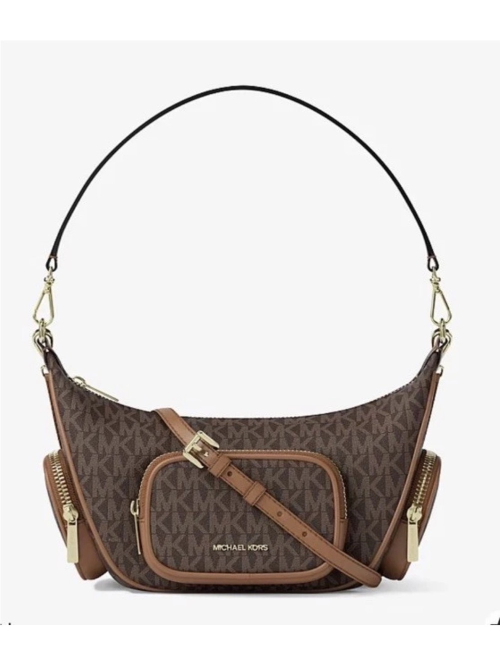 Michael Kors Brown MK Logo Crescent Shoulder Bag with Tan Trim